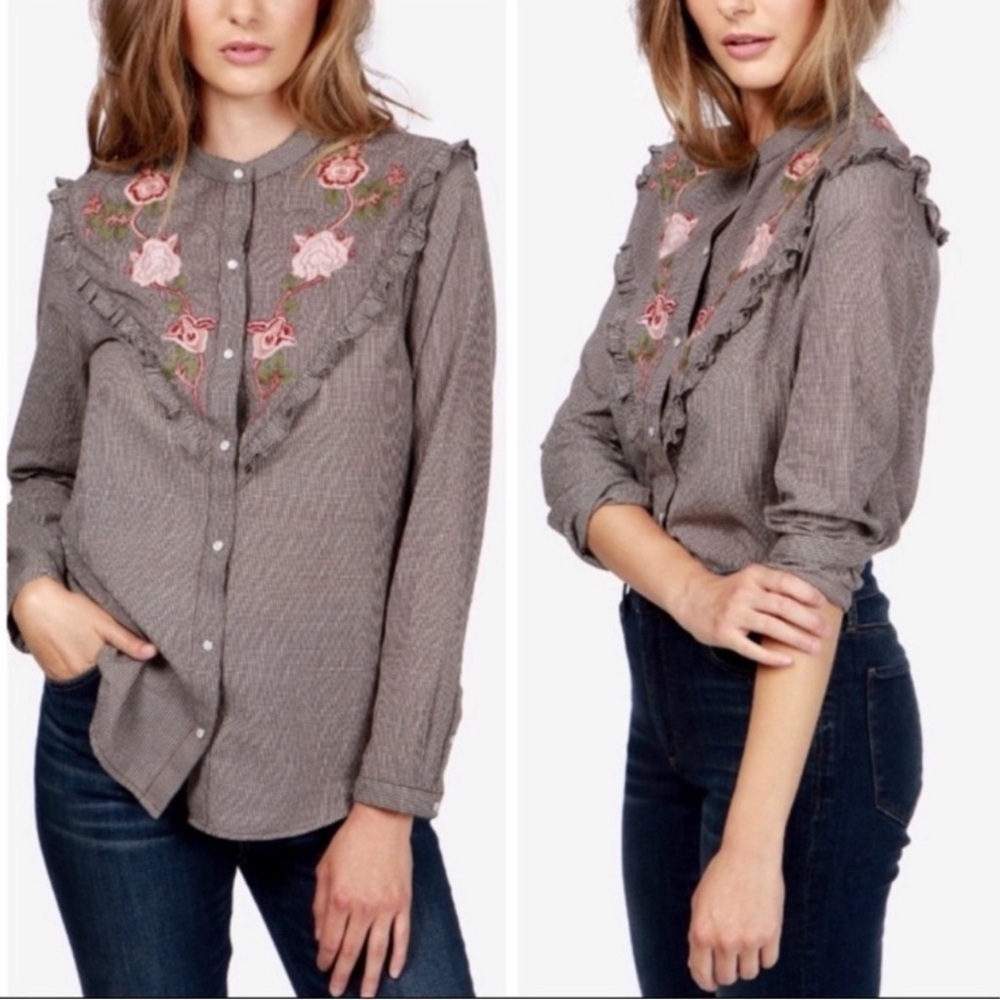 Lucky brand embroidered floral ruffle long sleeve snap button down shirt Size S